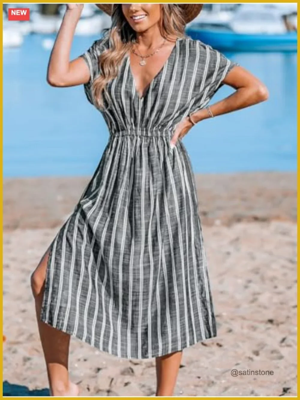 CUPSHE Women Beach Cover Up V Neck Short Sleeve Striped Midi Swimsuit Coverup